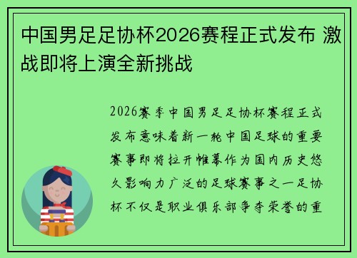 中国男足足协杯2026赛程正式发布 激战即将上演全新挑战 中国男足足协杯2026赛程正式发布 激战即将上演全新挑战